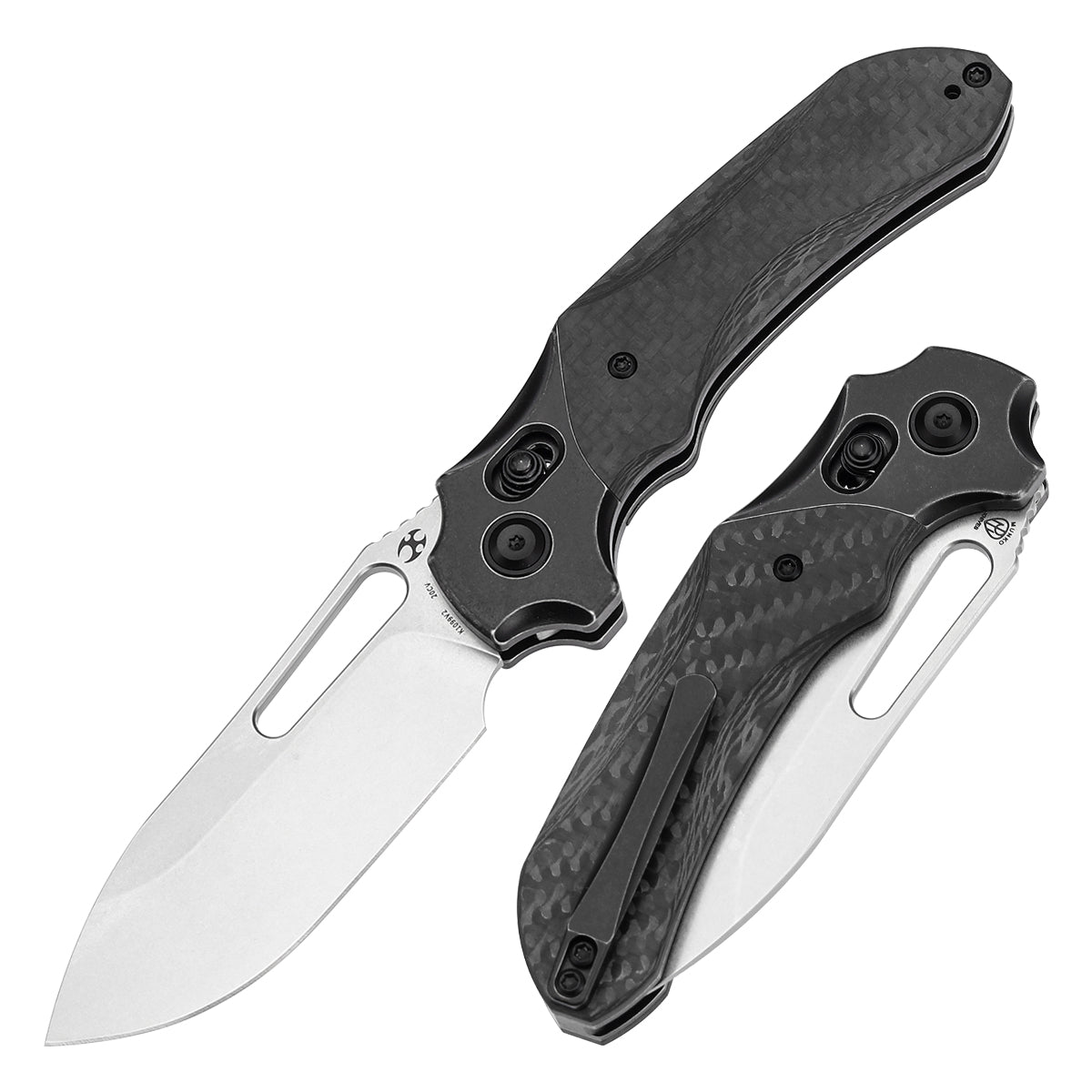 Kansept Quasar K1099V2 front view – 3.38" stonewashed CPM 20CV drop point folding knife