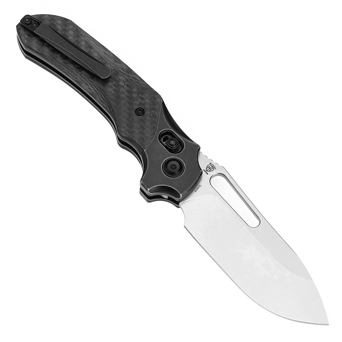 Kansept Quasar K1099V2 open position showing CPM 20CV drop point blade