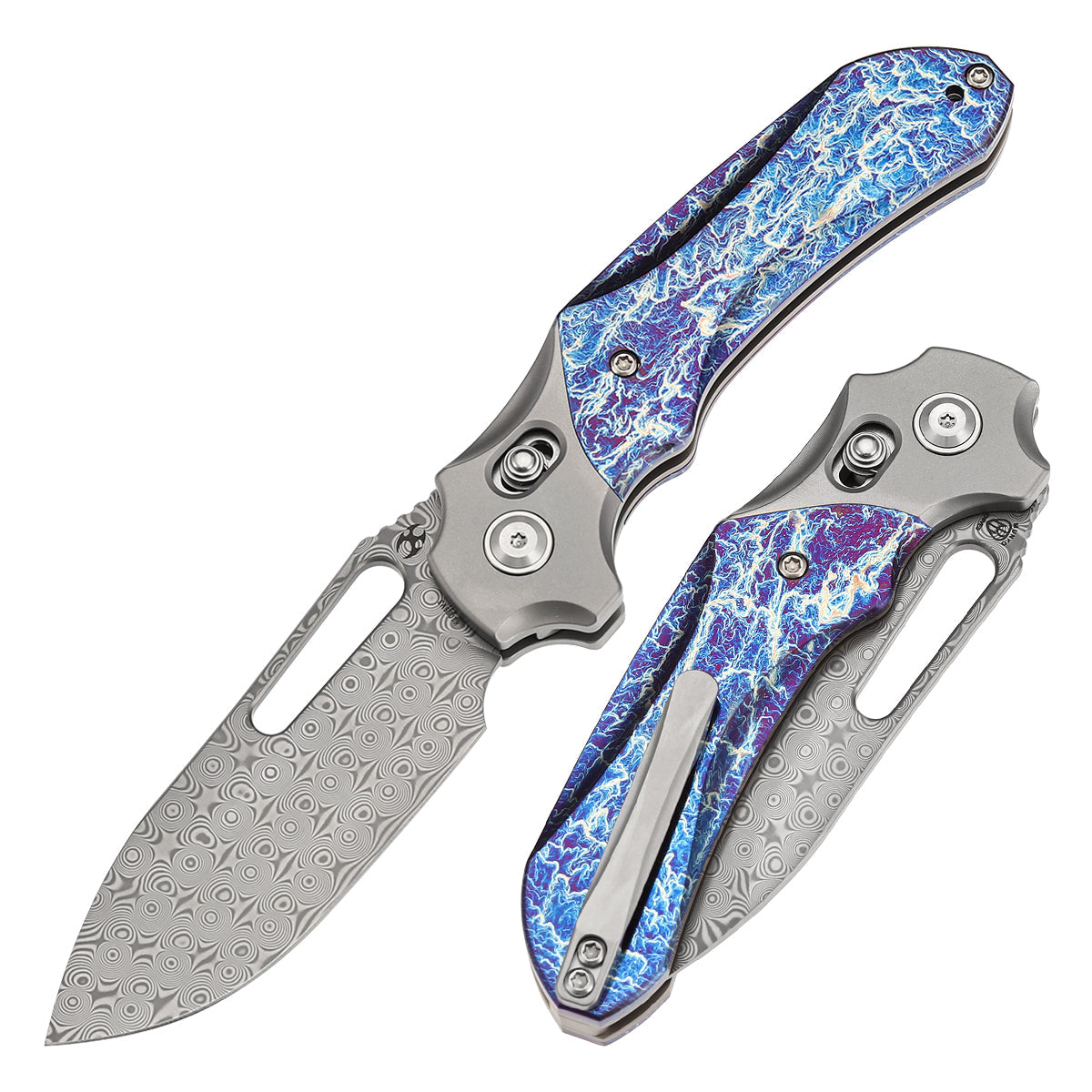 Kansept Quasar K1099V3 front view – 3.38" Damascus drop point folding knife