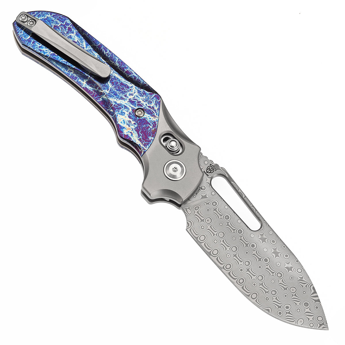 Kansept Quasar K1099V3 open position showing Damascus drop point blade