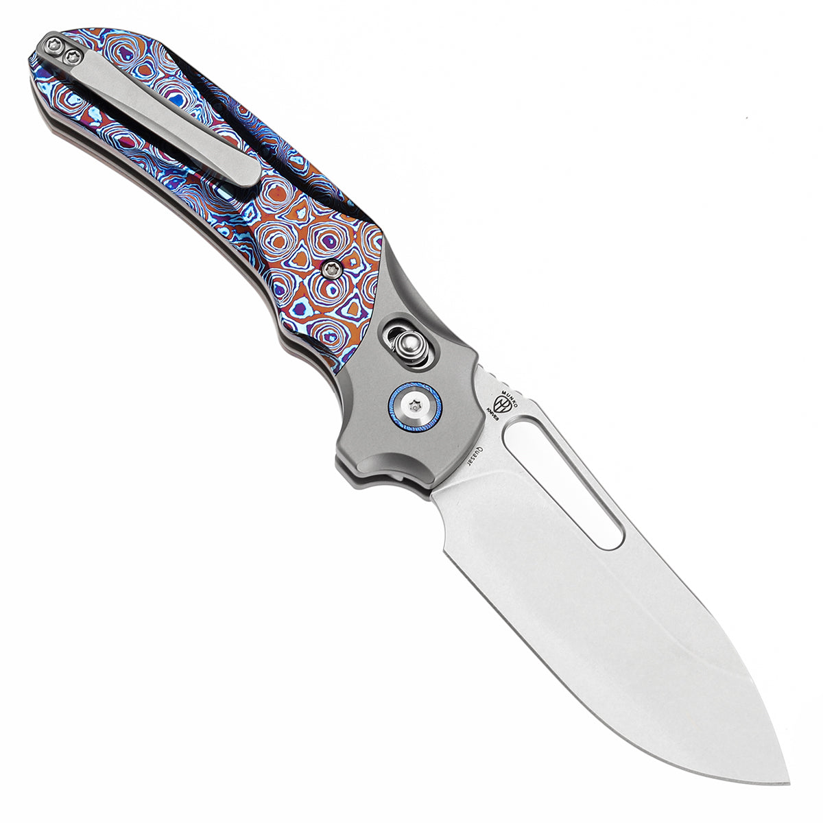 Kansept Quasar K1099V4 open position showing CPM 20CV drop point blade