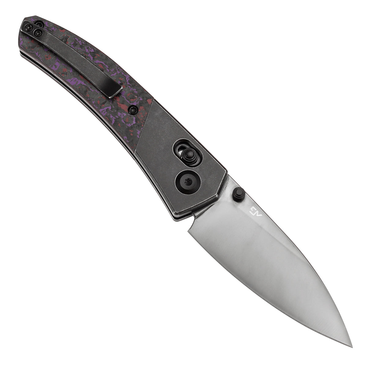 Kansept Dako K1101V3 open position showing mirror DLC CPM S35VN drop point blade
