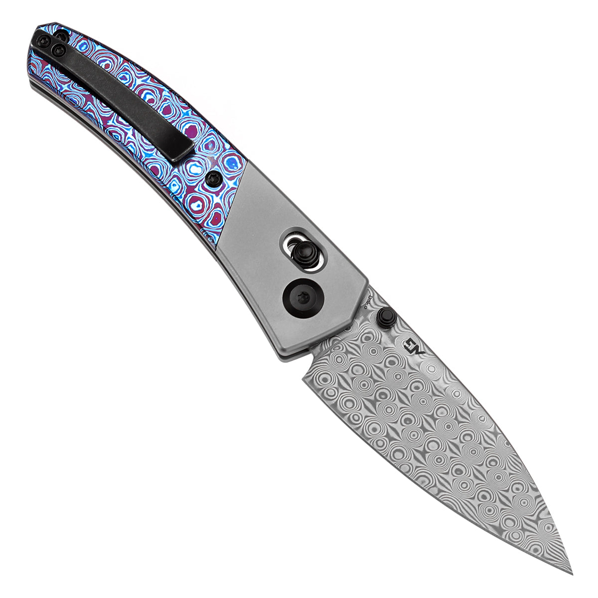 Kansept Dako K1101V4 open position showing Damascus drop point blade