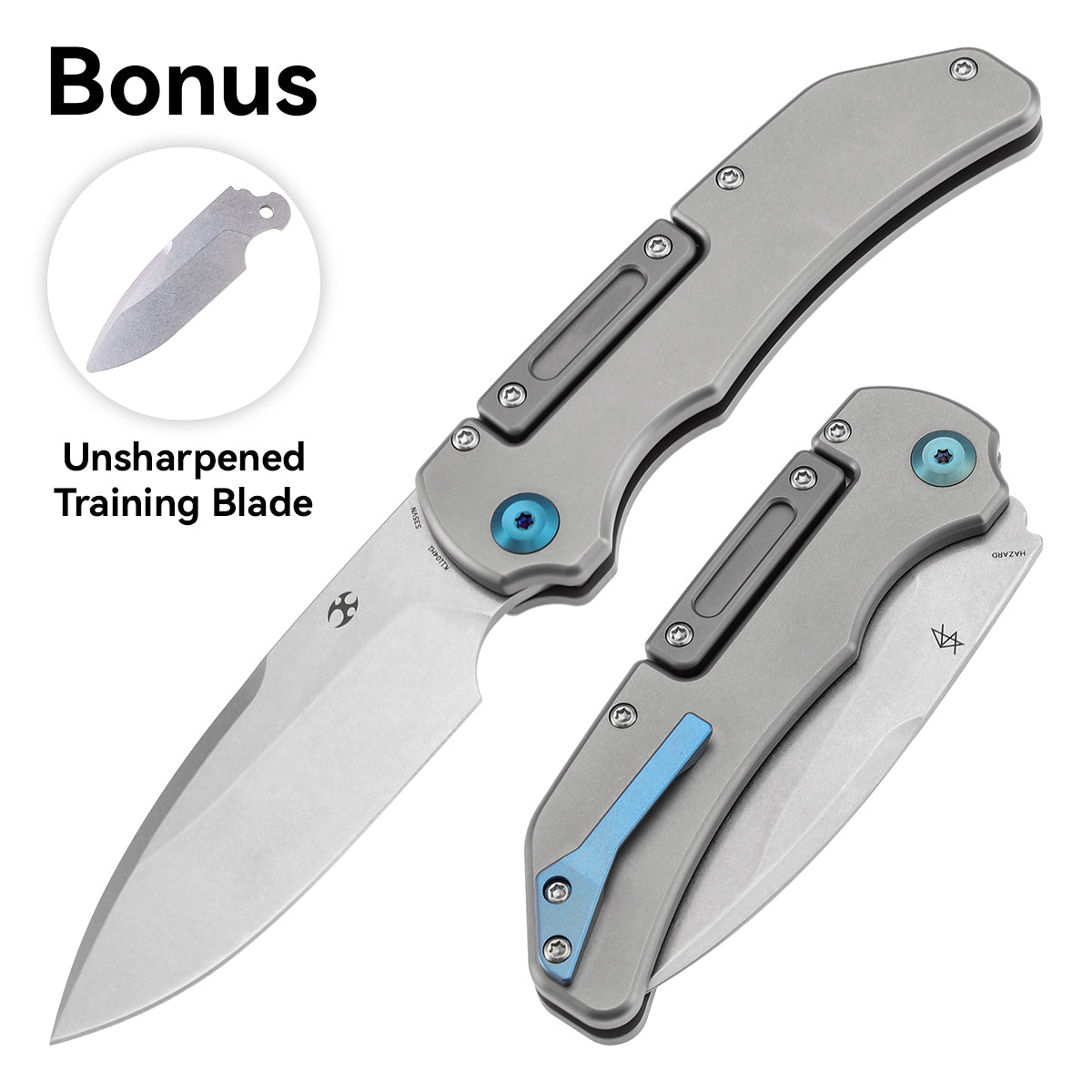 Kansept Hazard K1104H1 front view – 3.63" Stonewashed CPM S35VN titanium balisong