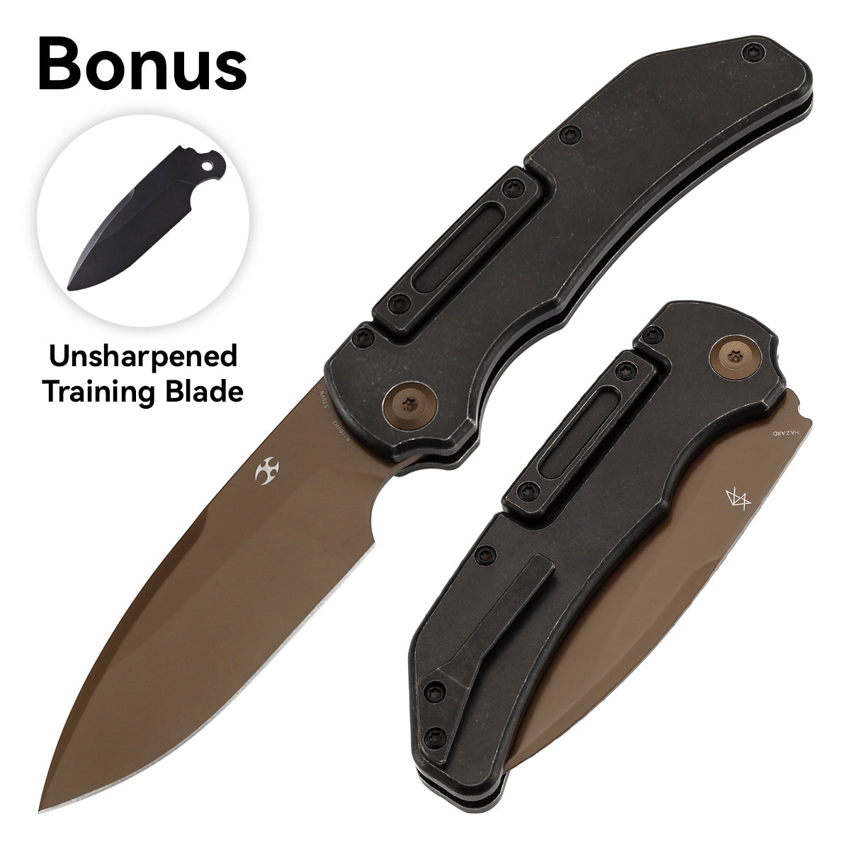 Kansept Hazard K1104H2 front view – 3.63" Rose Gold Coated CPM S35VN titanium balisong