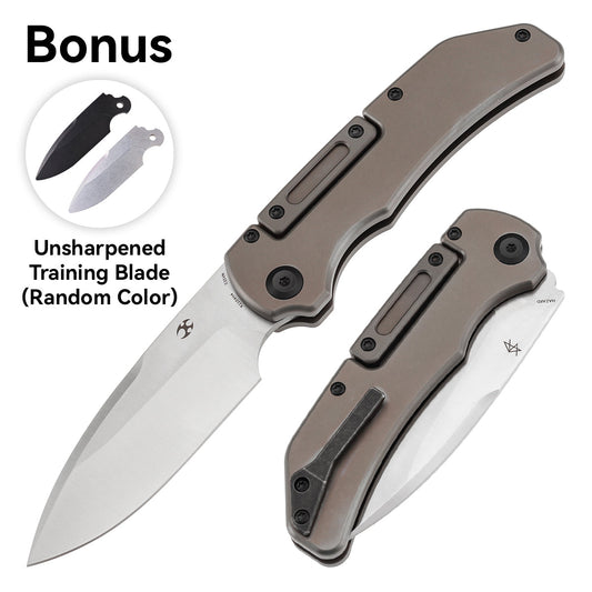Kansept Hazard K1104H4 front view – 3.63" Satin CPM S35VN titanium balisong