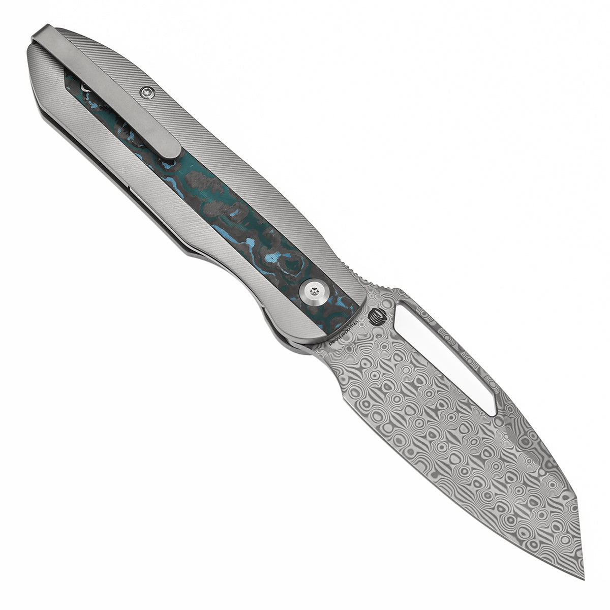 Kansept Thunderhead K1106A5 open position showing Damascus tanto blade