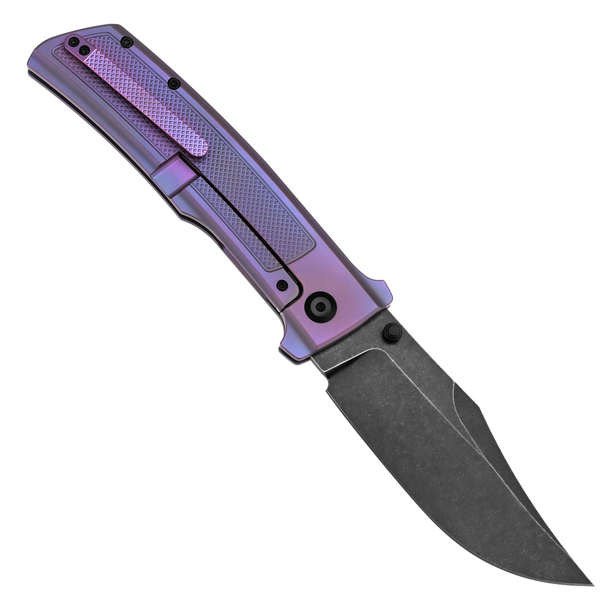 Kansept Bison K1108A5 purple anodized titanium frag pattern handle scales