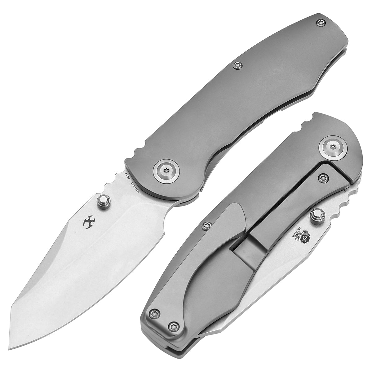 Kansept Caveman K1110A1 front view – 3.57" stonewashed CPM 20CV tanto folding knife