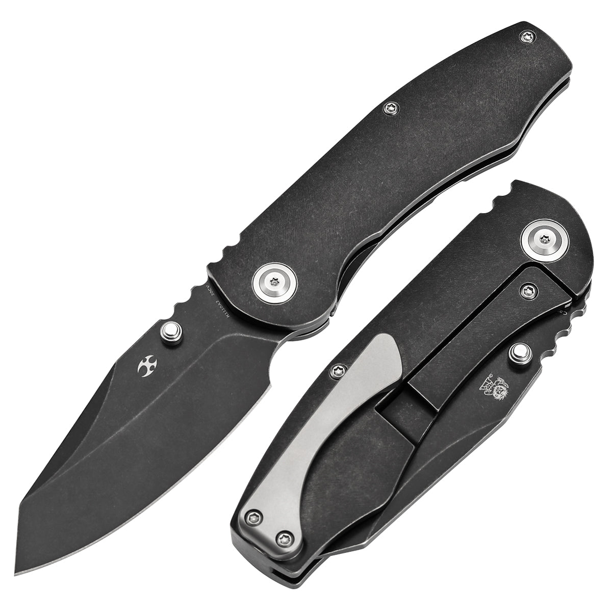 Kansept Caveman K1110A2 front view – 3.57" blackwash CPM 20CV tanto folding knife