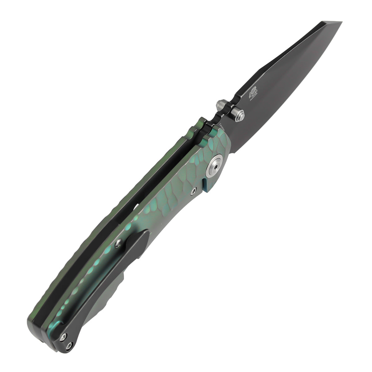 Kansept Caveman K1110A3 green anodized rock pattern titanium handle scales