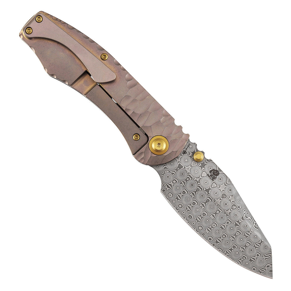 Kansept Caveman K1110A6 open position showing Damascus tanto blade