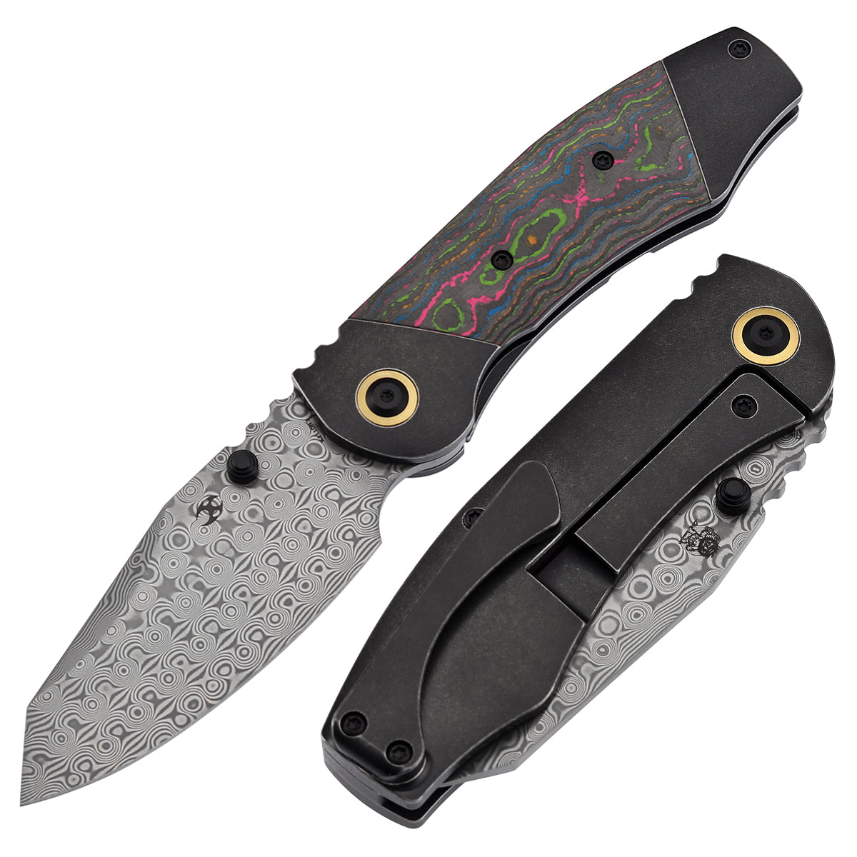 Kansept Caveman K1110B3 front view – 3.57" Damascus tanto folding knife