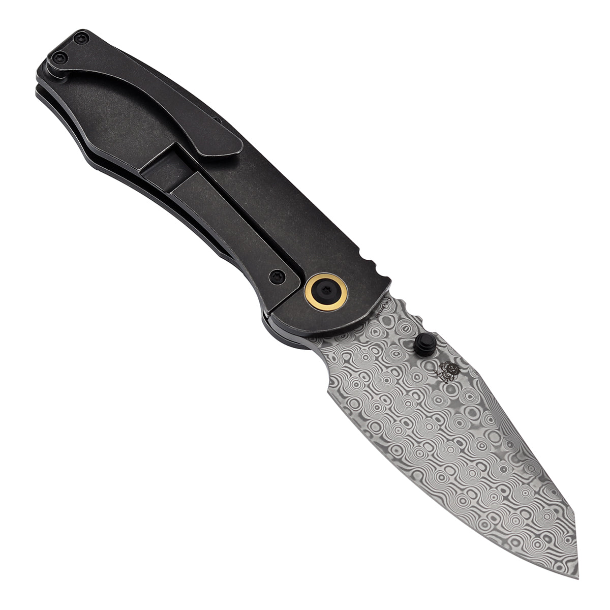 Kansept Caveman K1110B3 open position showing Damascus tanto blade