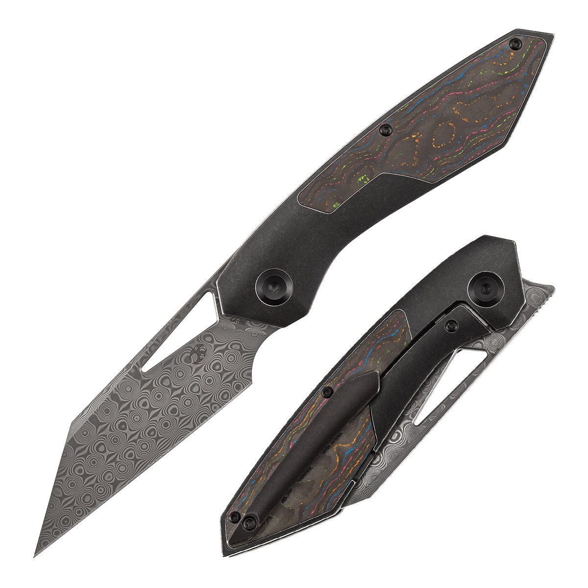 Kansept Strip K1113A4 front view – 3.4" Damascus Wharncliffe folding knife