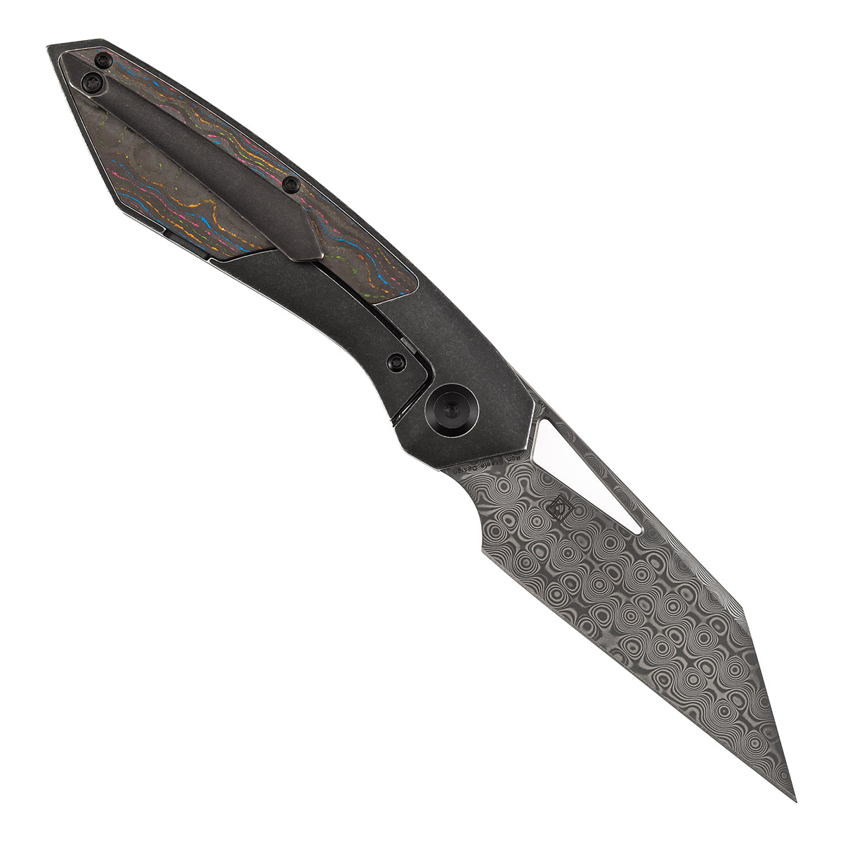 Kansept Strip K1113A4 open position showing Damascus Wharncliffe blade
