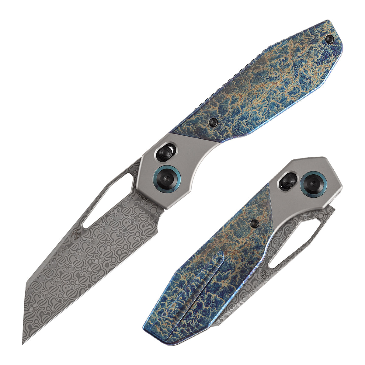 Kansept QTRO K1118VA2 front view – 3.59" Damascus Wharncliffe folding knife