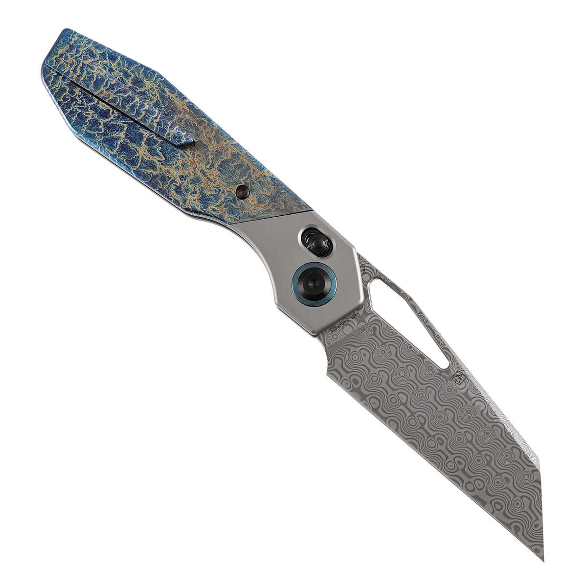 Kansept QTRO K1118VA2 open position showing Damascus Wharncliffe blade