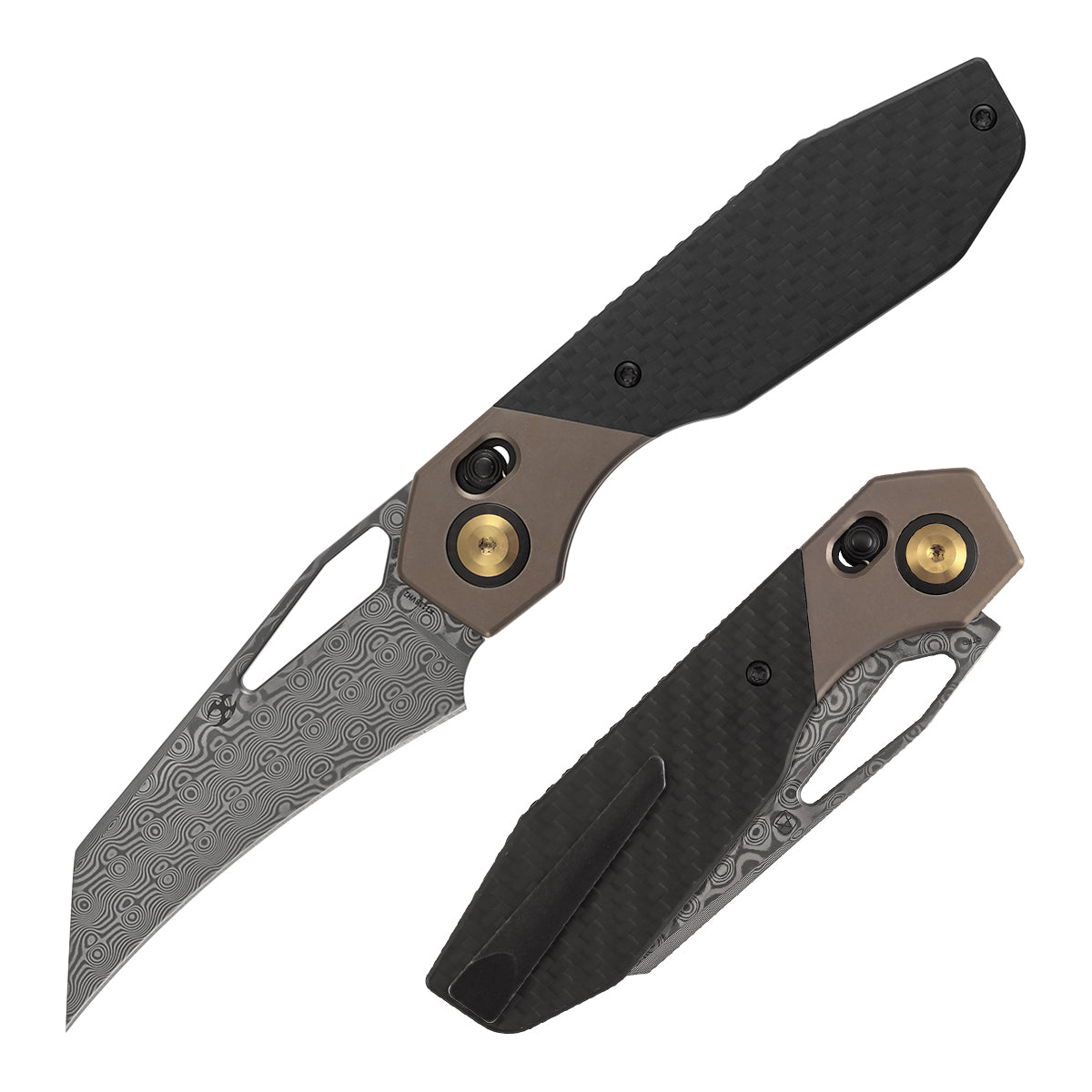 Kansept QTRO K1118VH2 front view – 3.59" Damascus wharncliffe folding knife