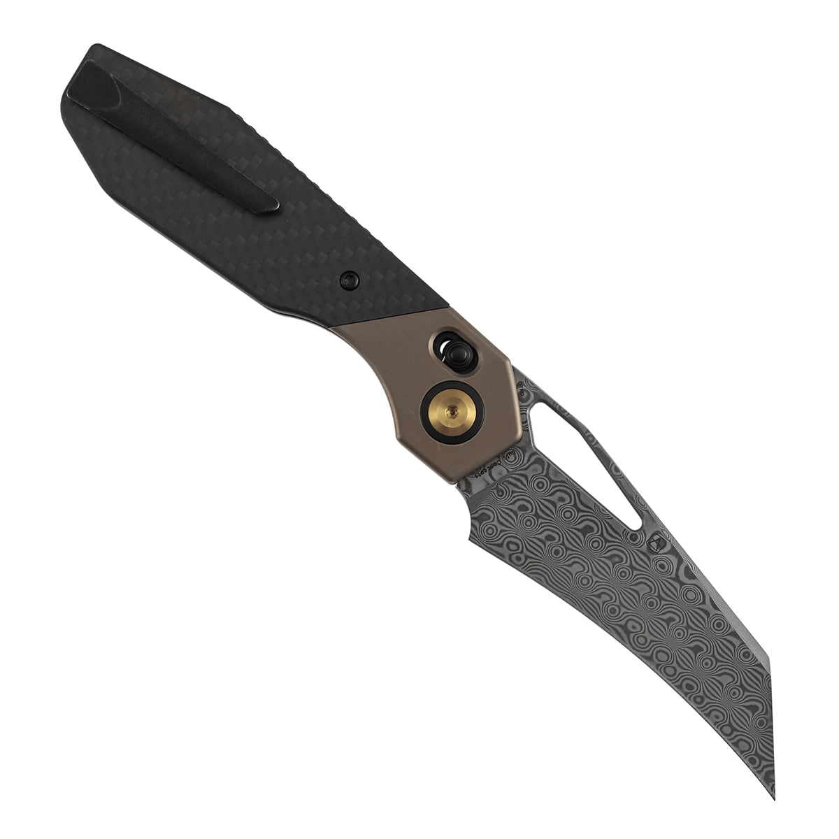 Kansept QTRO K1118VH2 open position showing Damascus wharncliffe blade