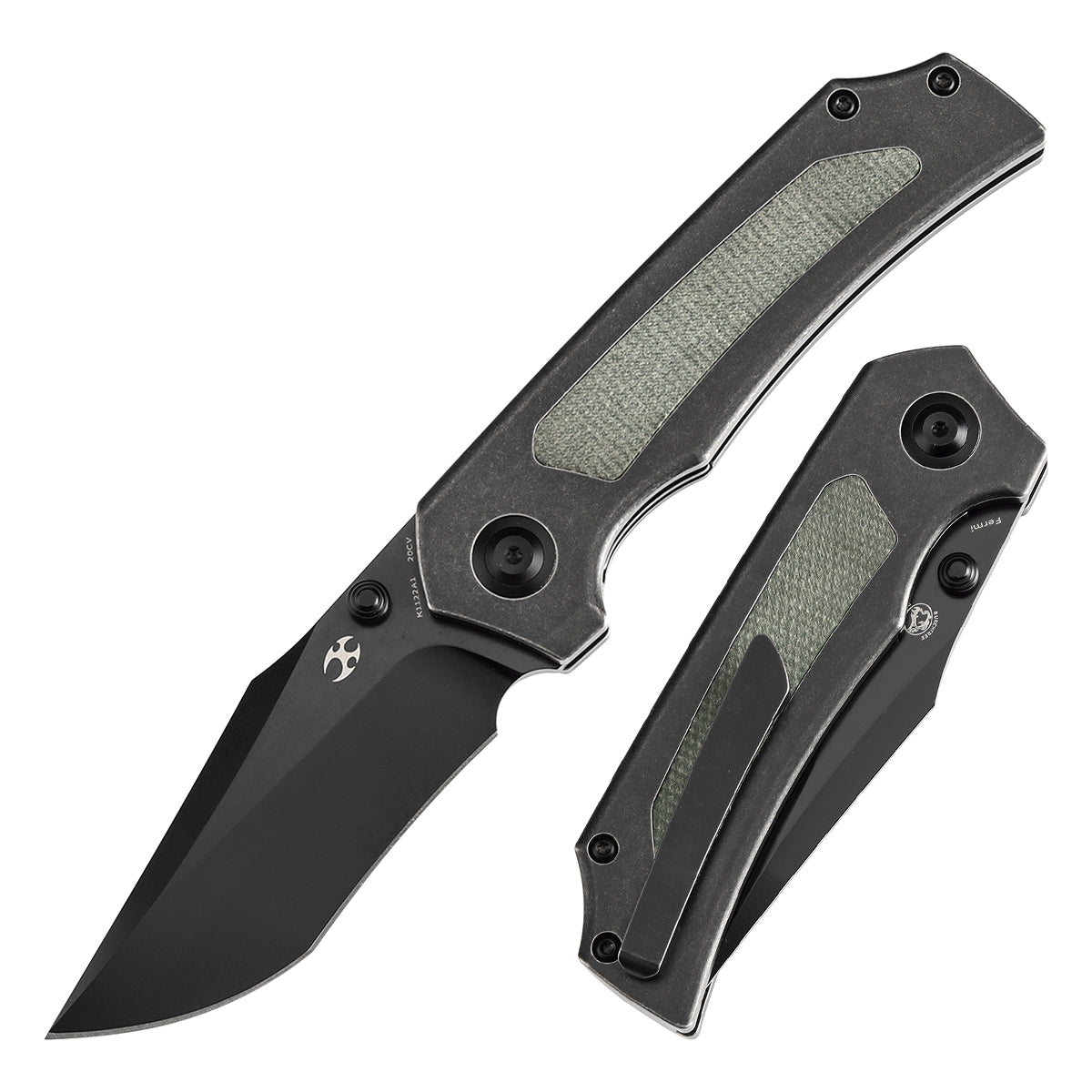 Kansept Fermi K1122A1 front view – 3.11" blackwash CPM 20CV recurved clip point folding knife