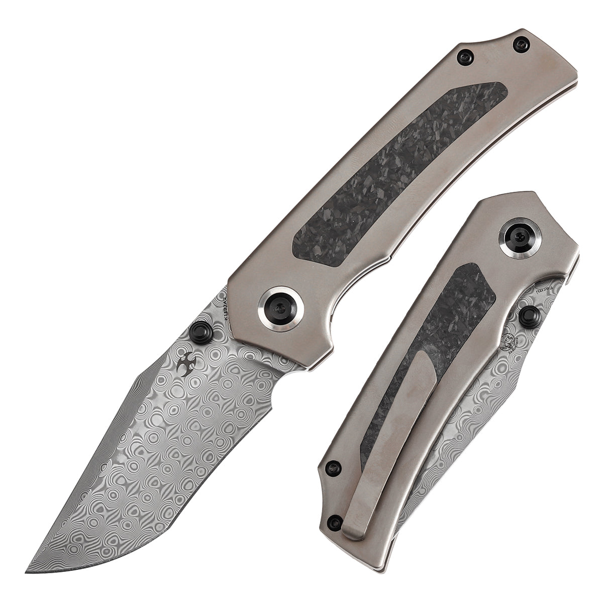 Kansept Fermi K1122A2 front view – 3.11" Damascus recurved clip point folding knife