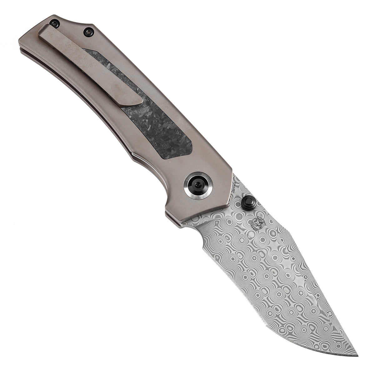 Kansept Fermi K1122A2 open position showing Damascus recurved clip point blade