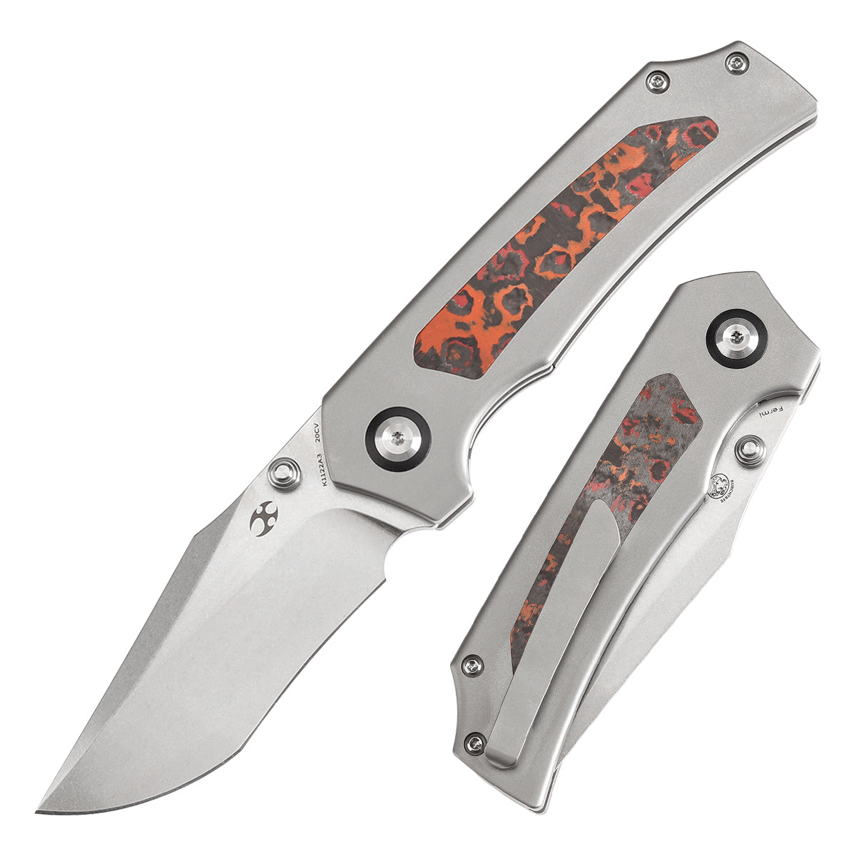 Kansept Fermi K1122A3 front view – 3.11" stonewashed CPM 20CV recurved clip point folding knife