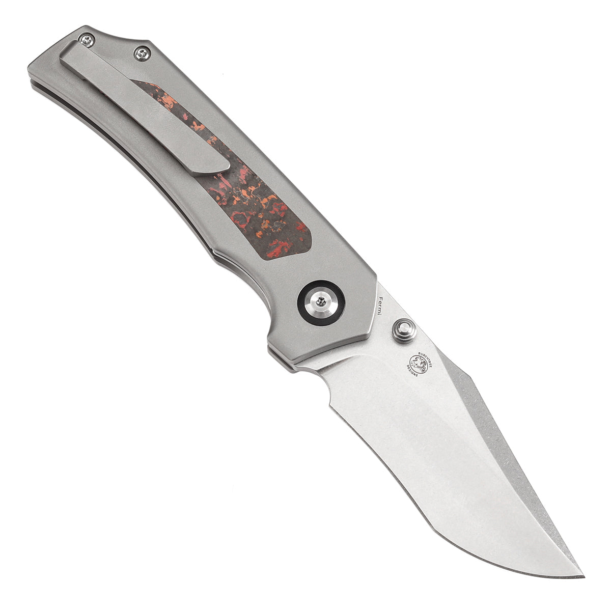 Kansept Fermi K1122A3 open position showing CPM 20CV recurved clip point blade