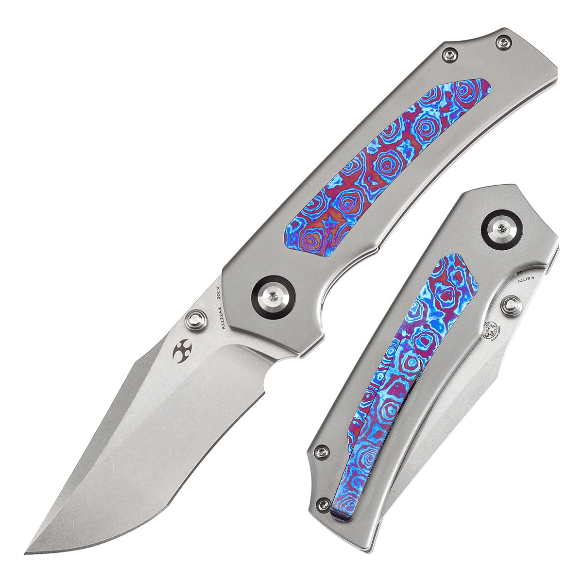 Kansept Fermi K1122A4 front view – 3.11" stonewashed CPM 20CV recurved clip point folding knife