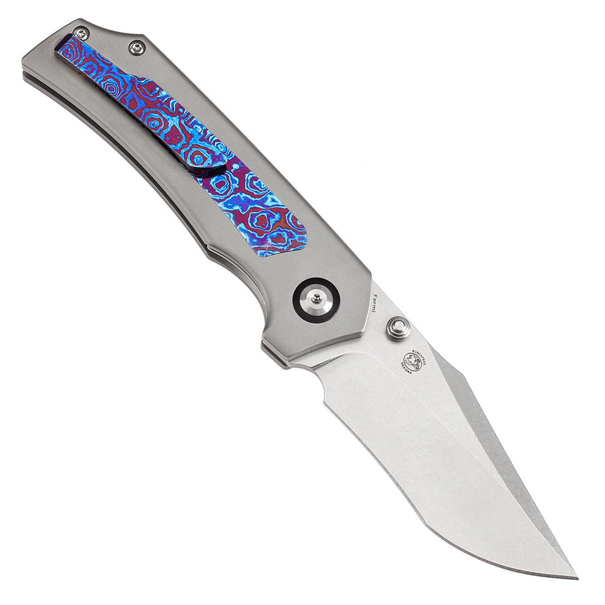 Kansept Fermi K1122A4 open position showing CPM 20CV recurved clip point blade