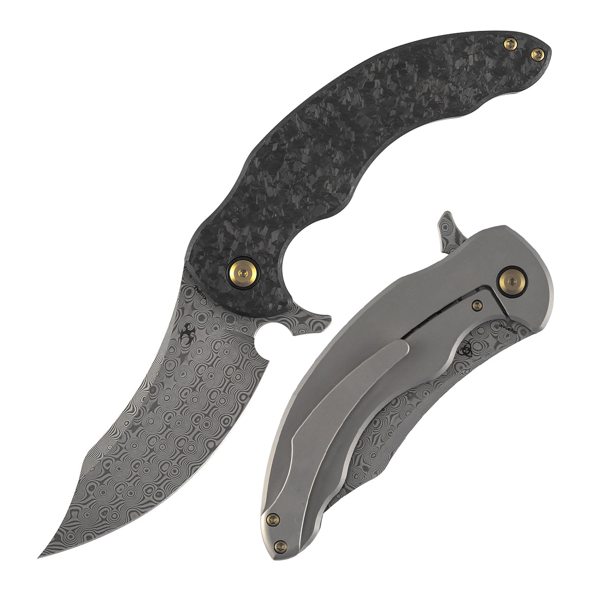Kansept Gilgamesh K1128A3 front view – 3.75" Damascus trailing point folding knife