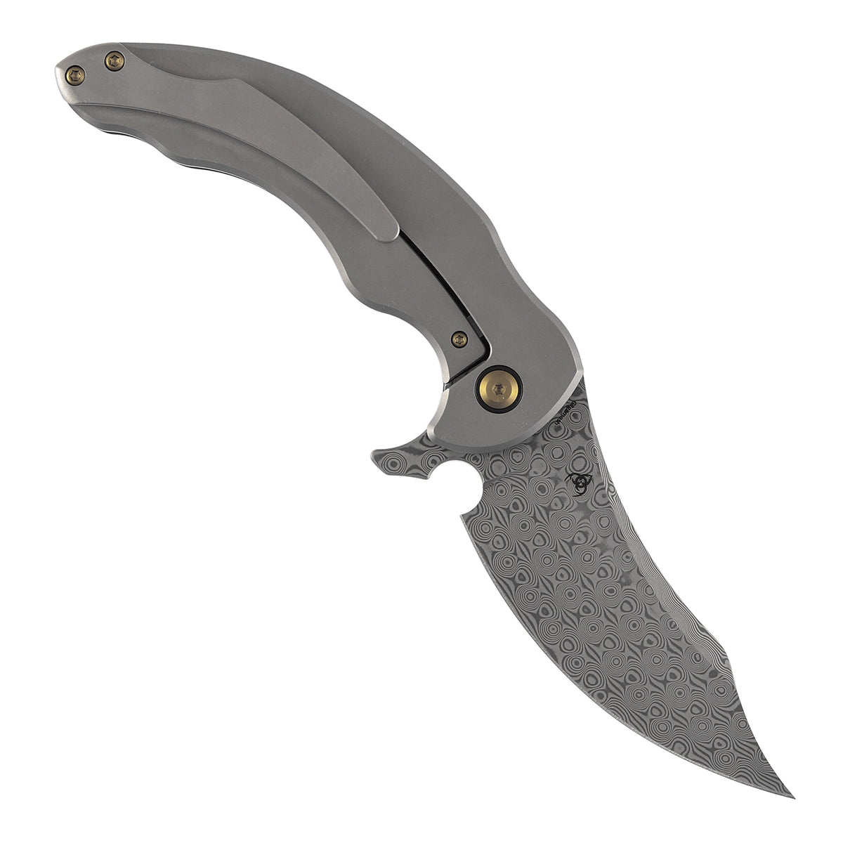 Kansept Gilgamesh K1128A3 open position showing Damascus trailing point blade
