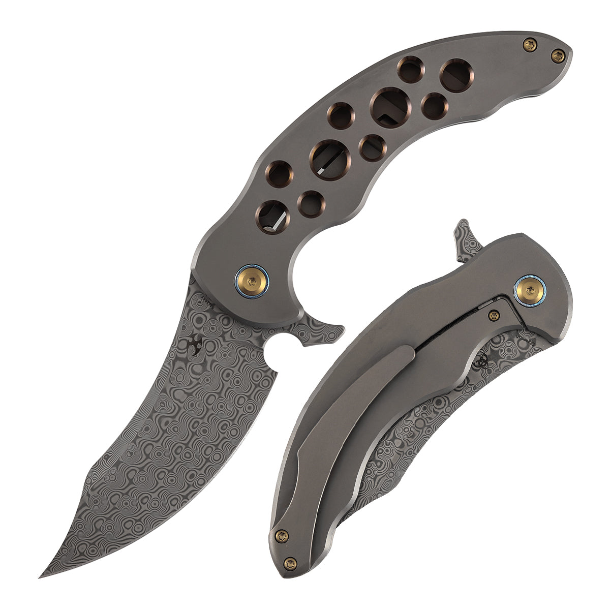 Kansept Gilgamesh K1128A5 front view – 3.75" Damascus trailing point folding knife