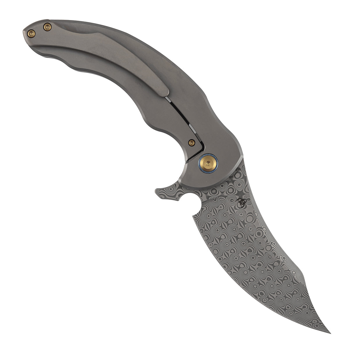 Kansept Gilgamesh K1128A5 open position showing Damascus trailing point blade