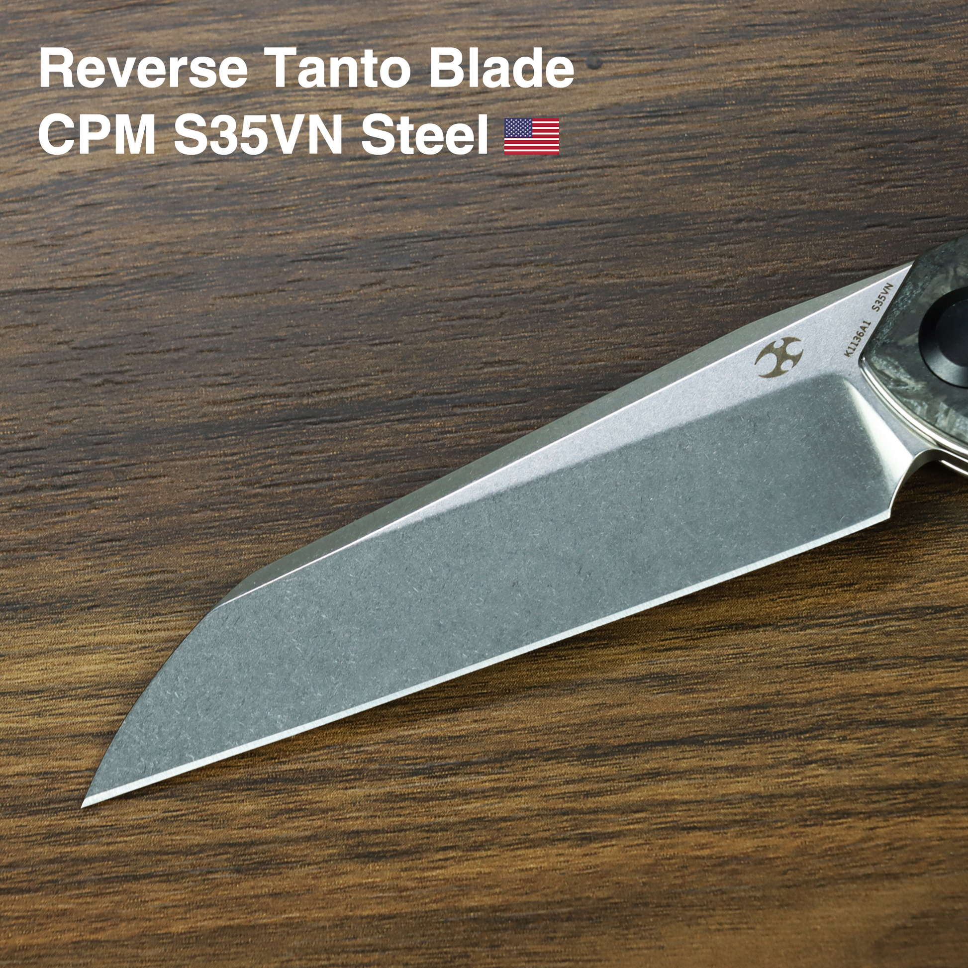Kansept Halide K1136A1 open position showing CPM S35VN reverse tanto blade