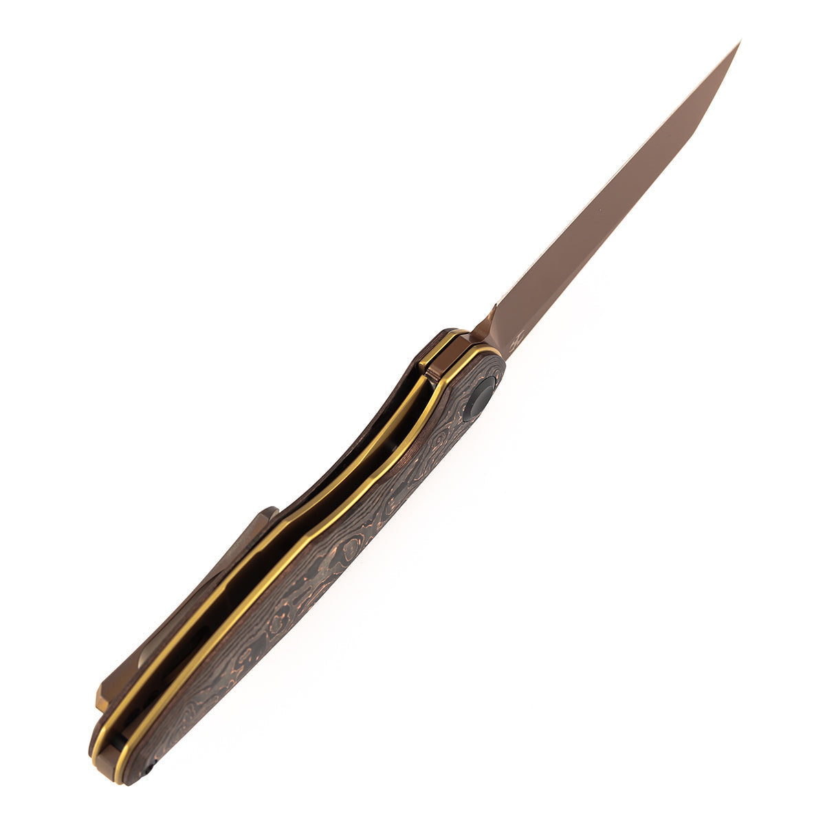 Kansept Halide K1136A5 open position showing rose gold coated CPM S35VN reverse tanto blade