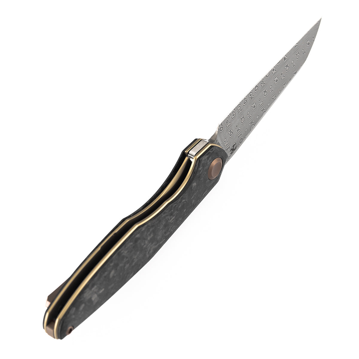 Kansept Halide K1136A6 open position showing Damascus reverse tanto blade
