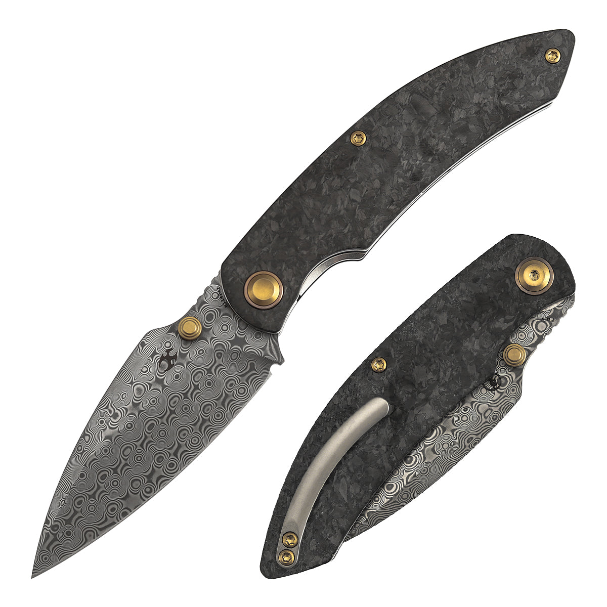 Kansept Falk K1142A1 front view – 3.31" Acid Etched Damascus Drop Point folding knife