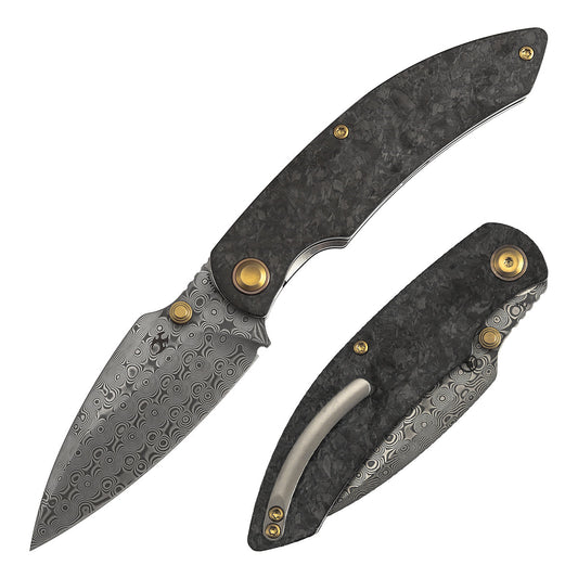 Kansept Falk K1142A1 front view – 3.31" Acid Etched Damascus Drop Point folding knife