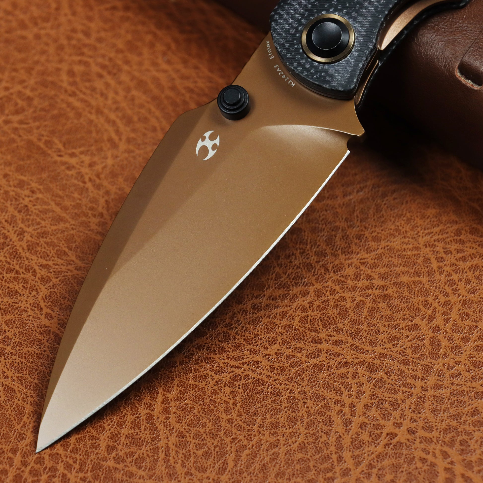 Kansept Falk K1142A3 blade detail – Rose Gold Elmax Drop Point