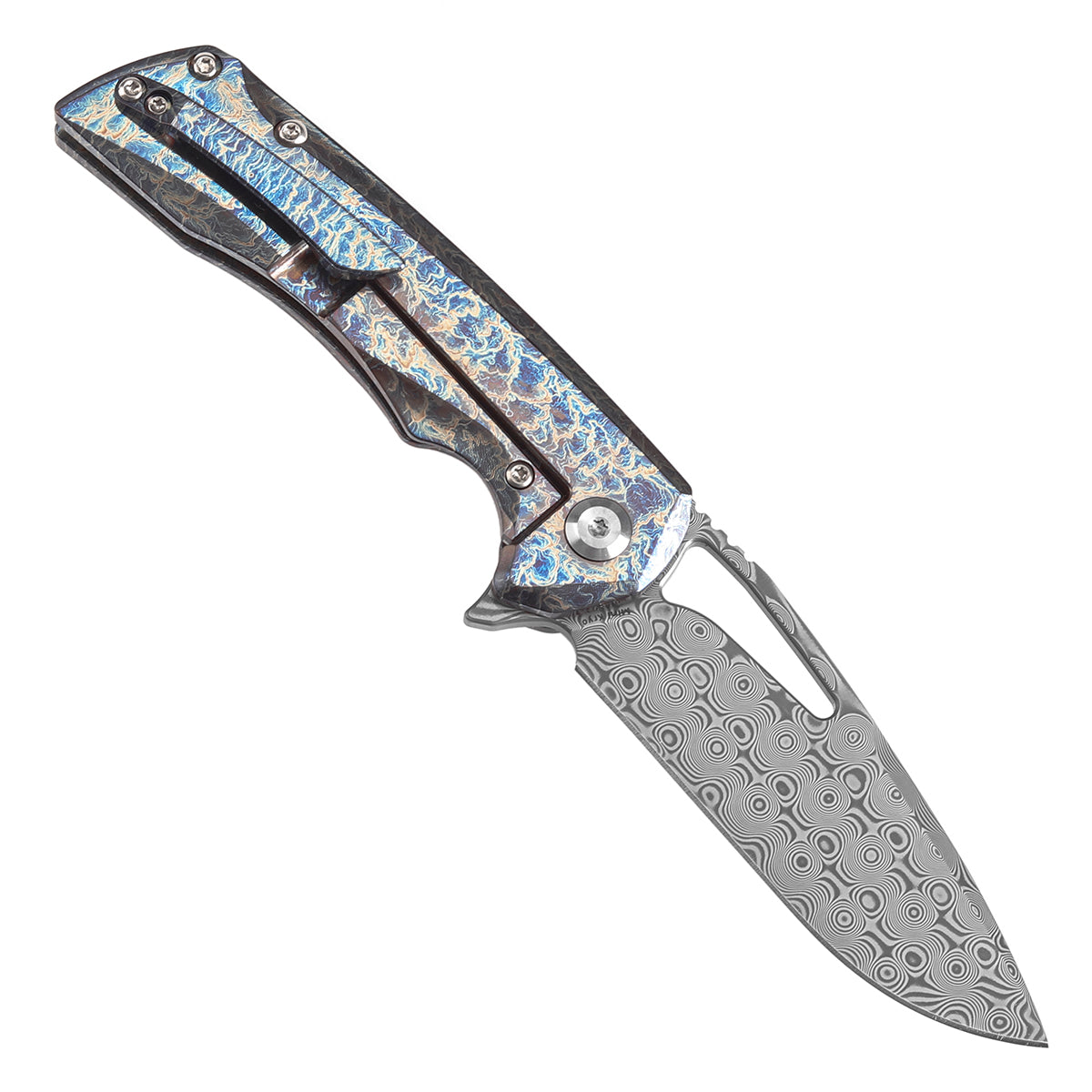 Kansept Mini Kryo K2001S2 open position showing Damascus drop point blade