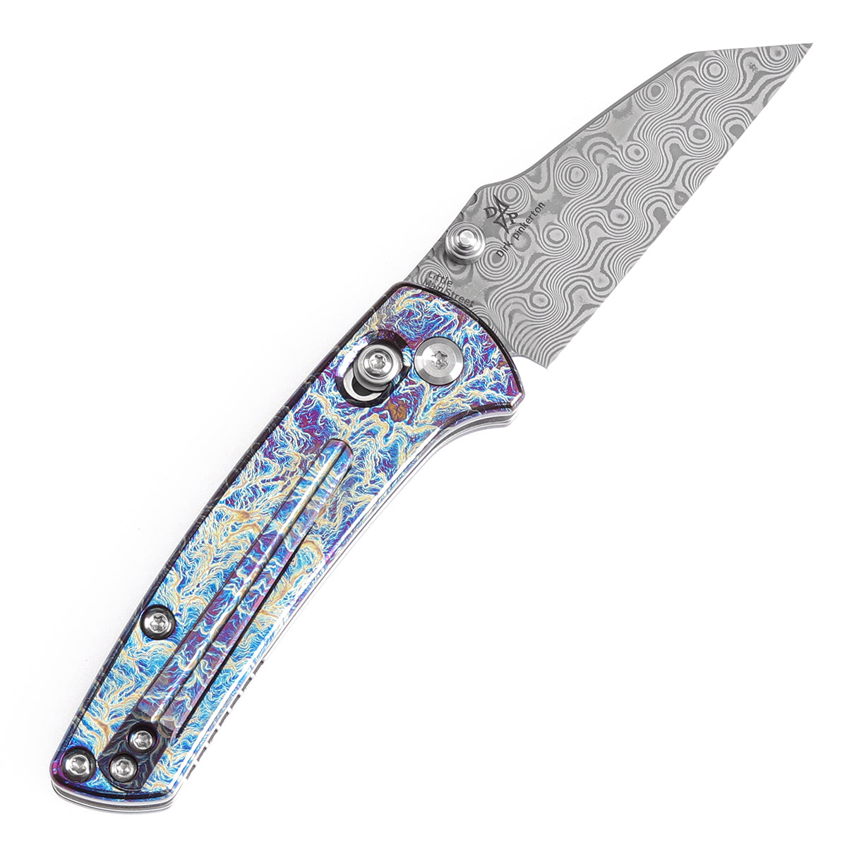 Kansept Little Main Street K2015V1 open position showing Damascus drop point blade