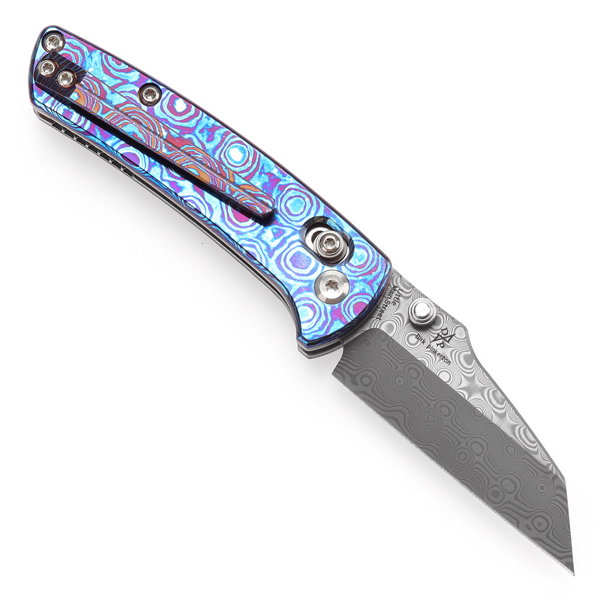 Kansept Little Main Street K2015V3 open position showing Damascus drop point blade