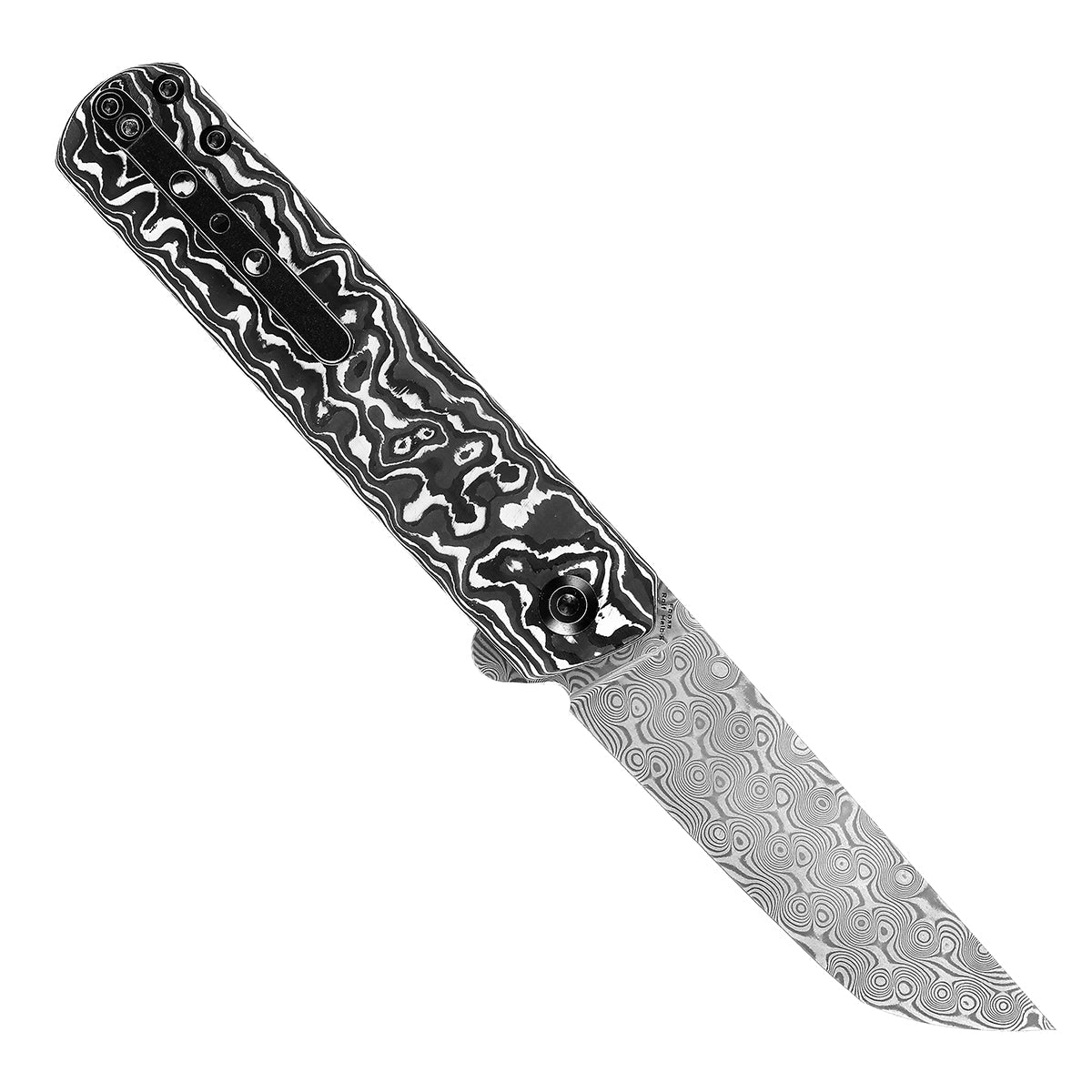 Kansept Foosa K2020T1 open position showing Damascus tanto blade
