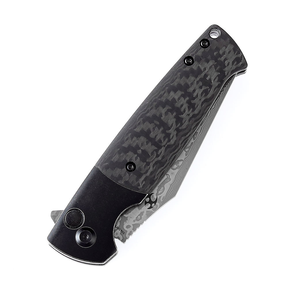 Kansept Shikari SBL K2027D1 blade detail – black stonewashed Damascus clip point