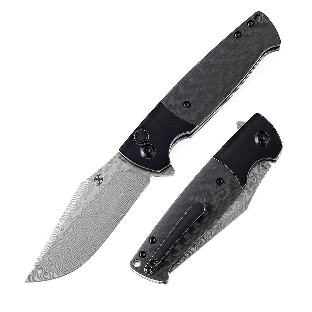 Kansept Shikari SBL K2027D1 front view – 3.35" black stonewashed Damascus clip point folding knife