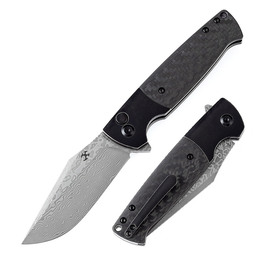 Kansept Shikari SBL K2027D1 front view – 3.35" black stonewashed Damascus clip point folding knife