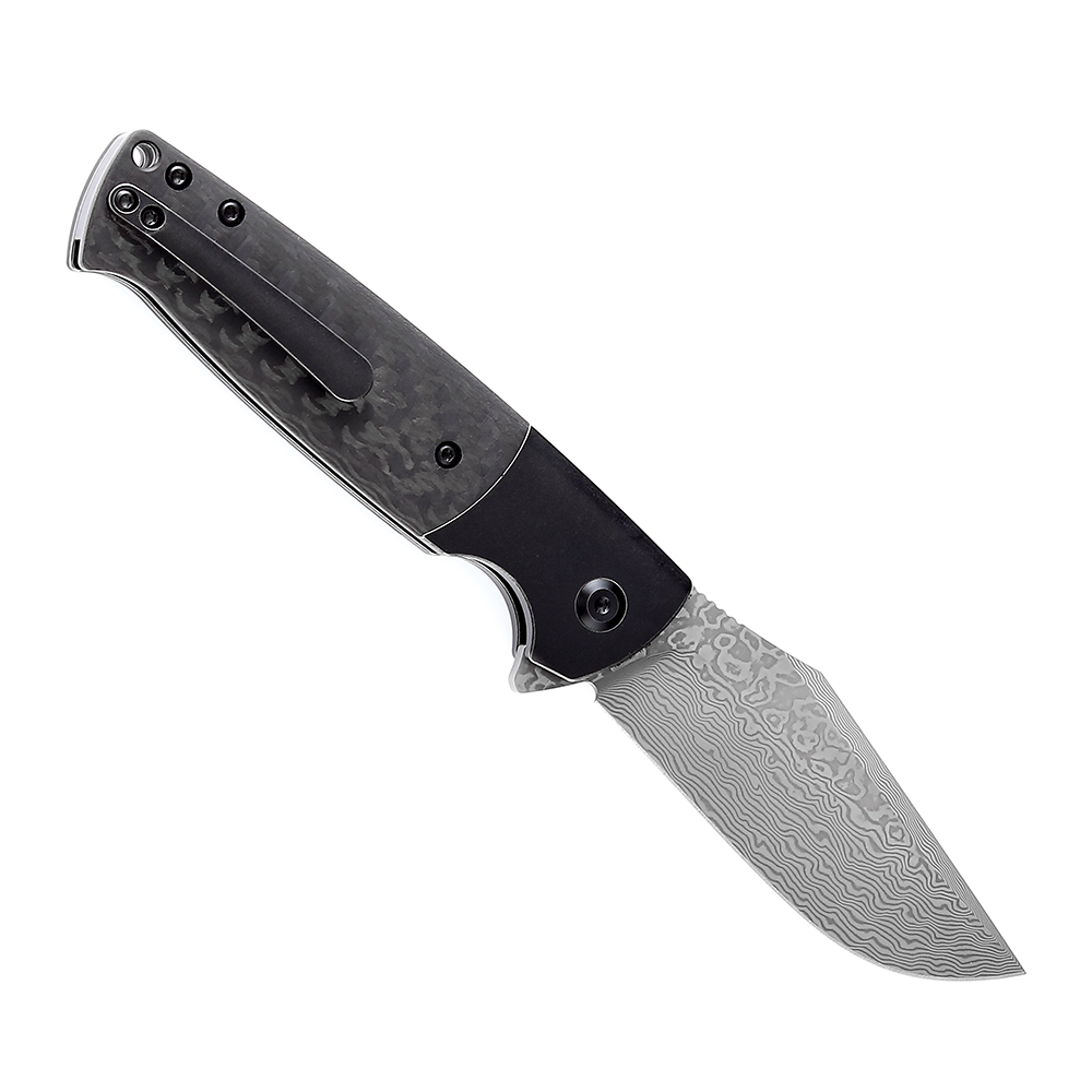 Kansept Shikari SBL K2027D1 open position showing Damascus clip point blade