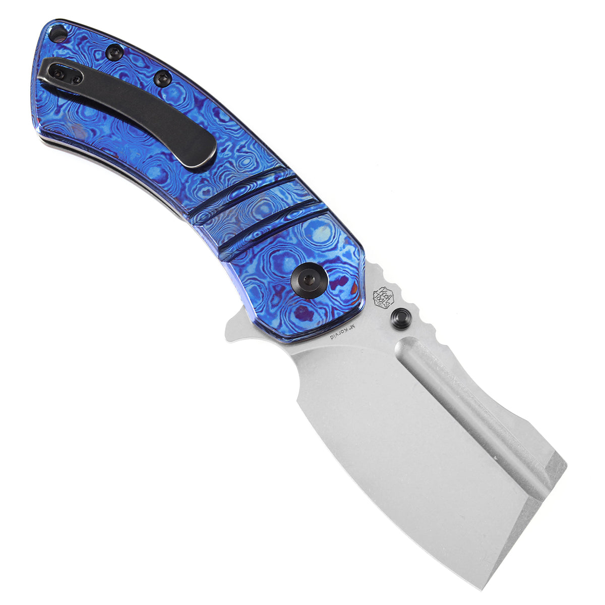 Kansept M+ Korvid K2030C1U open position showing CPM S35VN cleaver blade